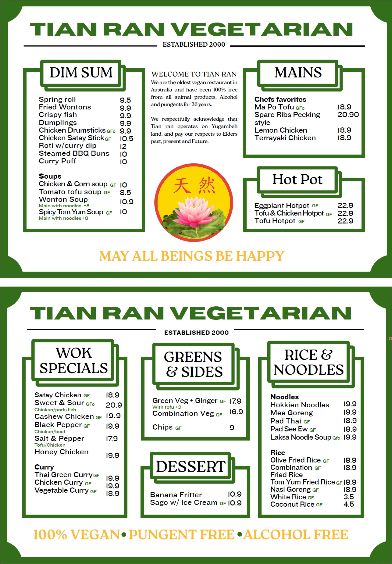 Tianran Vegetarian Menu 2023