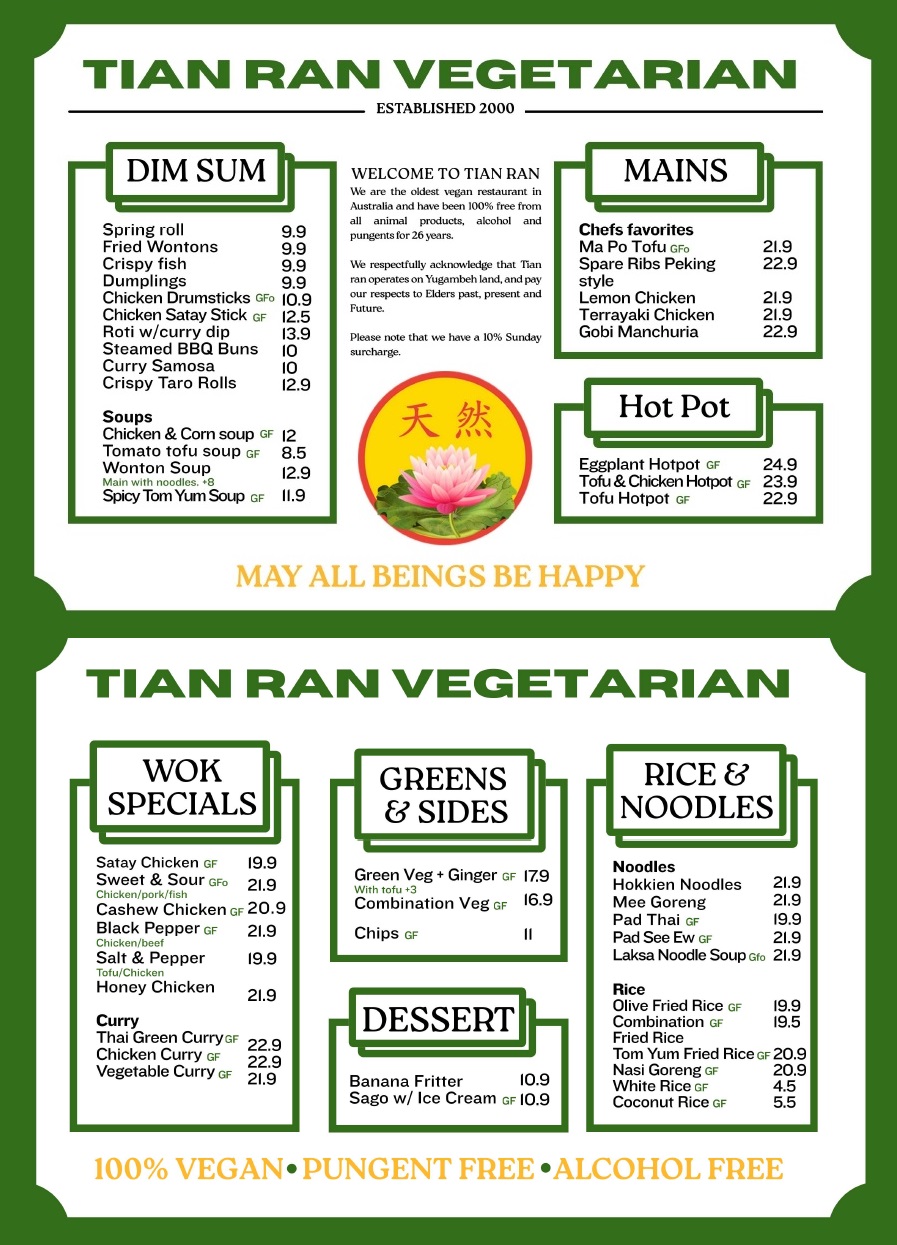 Tianran Vegetarian Menu 2023
